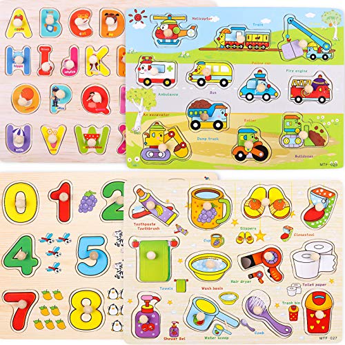 WADILE Wooden Peg Puzzles 4PC for Toddlers 2 3 4 Years Old Toddler Puzzles Set Letter Number Car Daily Supplies Learning Toys Gift for Girls and Boys