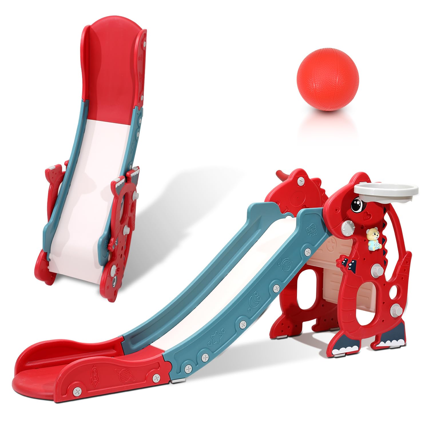 Toboganes independientes, con canasta de baloncesto y máquina de aprendizaje, para niños | Tobogán para niños 4 en 1 con aro de baloncesto, diseño plegable y HDPE resistente para niños de 1 a 6 años