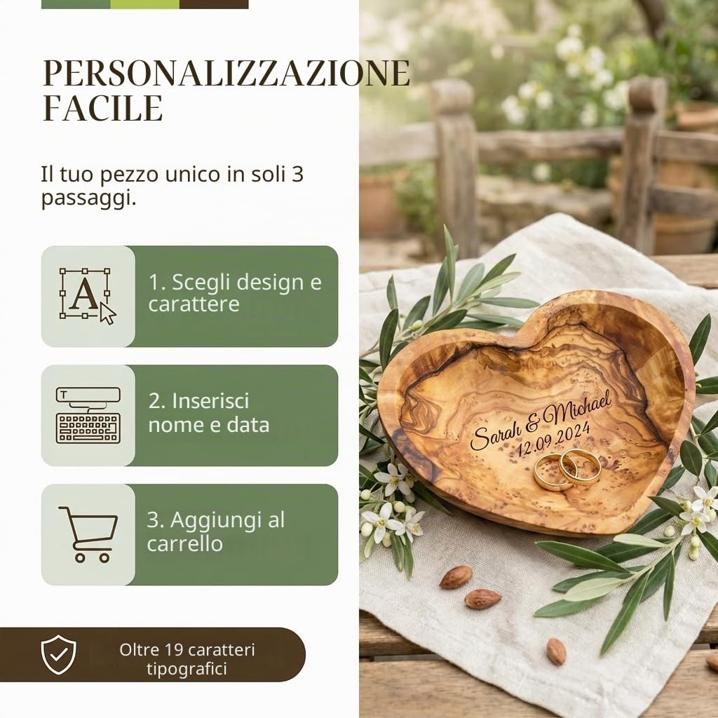 Cuscino per anelli matrimonio in legno d'ulivo, personalizzato – Ciotola in legno fatto a mano a forma di cuore
