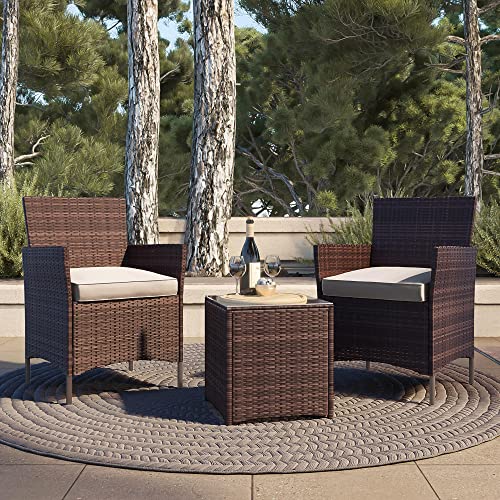 Belleze 3 Piece Patio Furniture Outdoor Wicker Rattan Outdoor Patio Set Clearancetempered Glass Square Bistro Table Chairs With Armrests Removable Cushions Table For Porch Lawn Garden Backyard-Brown #TOP24