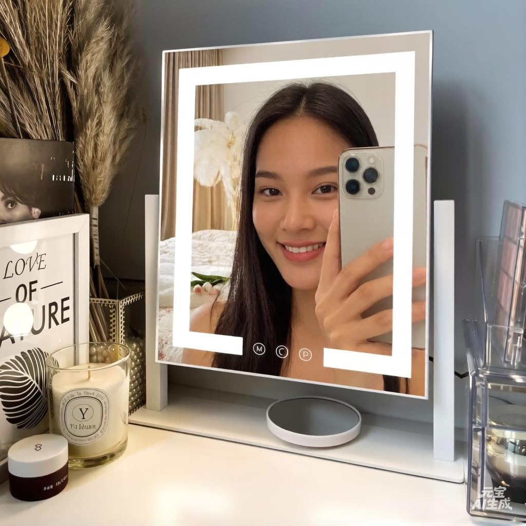 LuxeVue Miroir de Maquillage avec lumières, Miroir de Table 30x36 cm, 3 Modes d’éclairage réglables par capteur Tactile, Miroir grossissant Amovible 15X (Petit miroi Rond), Cadre en métal