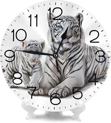 Miniatura 2 de Delerain White Tigers - Reloj de pared redondo, silencioso y sin tictac, funciona con pilas, reloj decorativo para dormitorio, cocina, hogar,