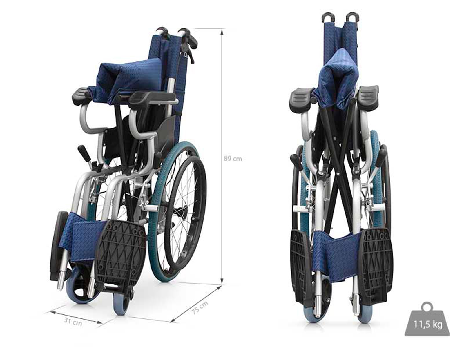 QUIRUMED Silla de ruedas ligera plegable de aluminio, Asiento 44 cm, Reposapiés abatibles, Ruedas macizas, Frenos de mano y en manetas, Para mayores, Para minusválidos