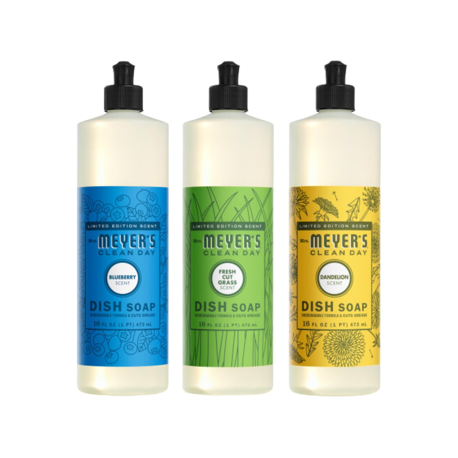 Mrs MEYERS Clean Day Dish Soap 16 FL OZ Each Fresh Cut Grass Blueberry Dandelion 1 CT Variety