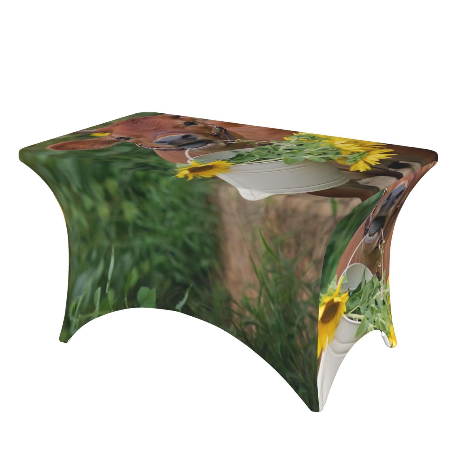 Dcehgew Cow In Sunflowers 4Ft Spandex Rectangular Table Cloth, Printed Fitted Elastic Tablecloths Washable Table Cover For Event, Wedding, Banquet & Party