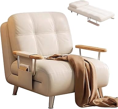 Folding Sofa Bed Single with 5-Position Adjustable Backrest Convertible Sofa Bed Waxed Leather Fabric Load Bearing Capacity 200kg Sleeper Chair for Small SpacesWhite,192 * 80 * 26cm