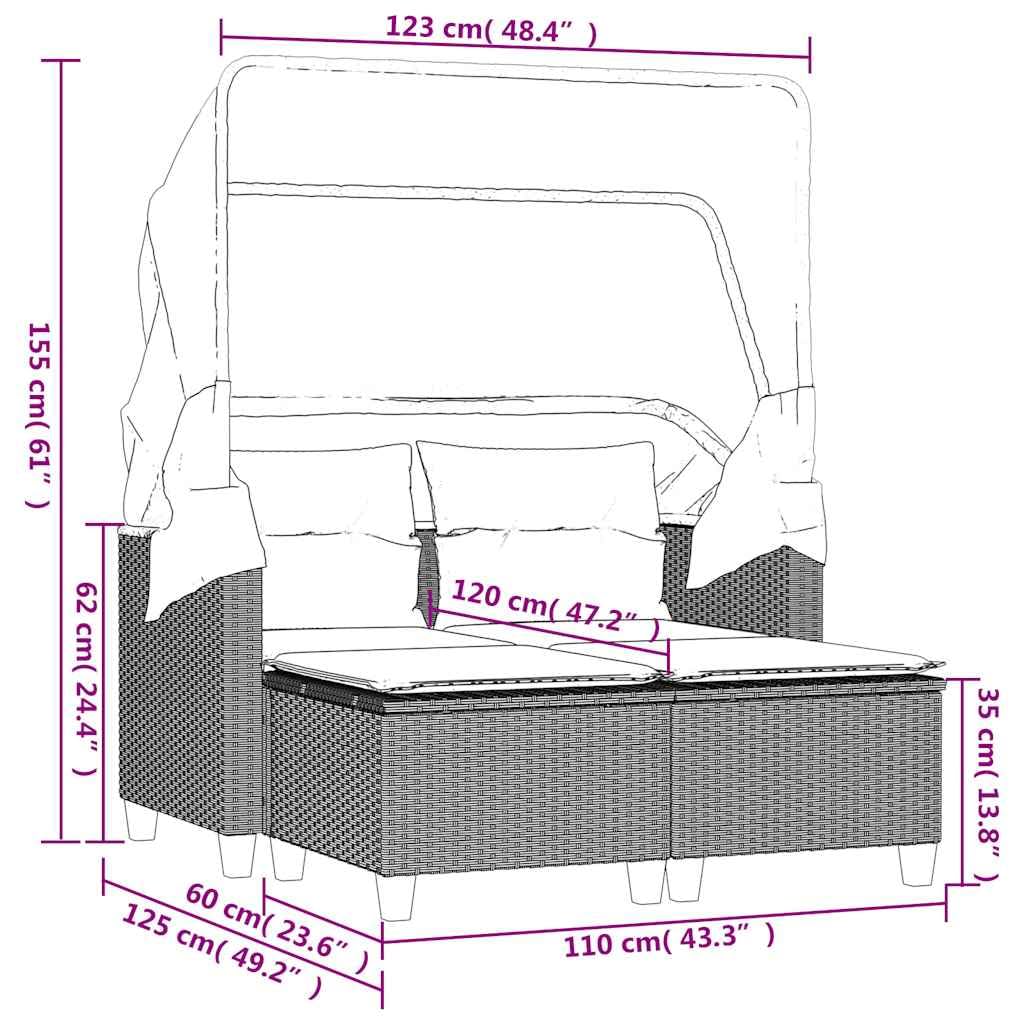 vidaXL Canapé de Jardin 2 Places avec Auvent et Tabourets, Siège de Patio, Meuble de Terrasse Balco Extérieur, Beige Résine Tressée