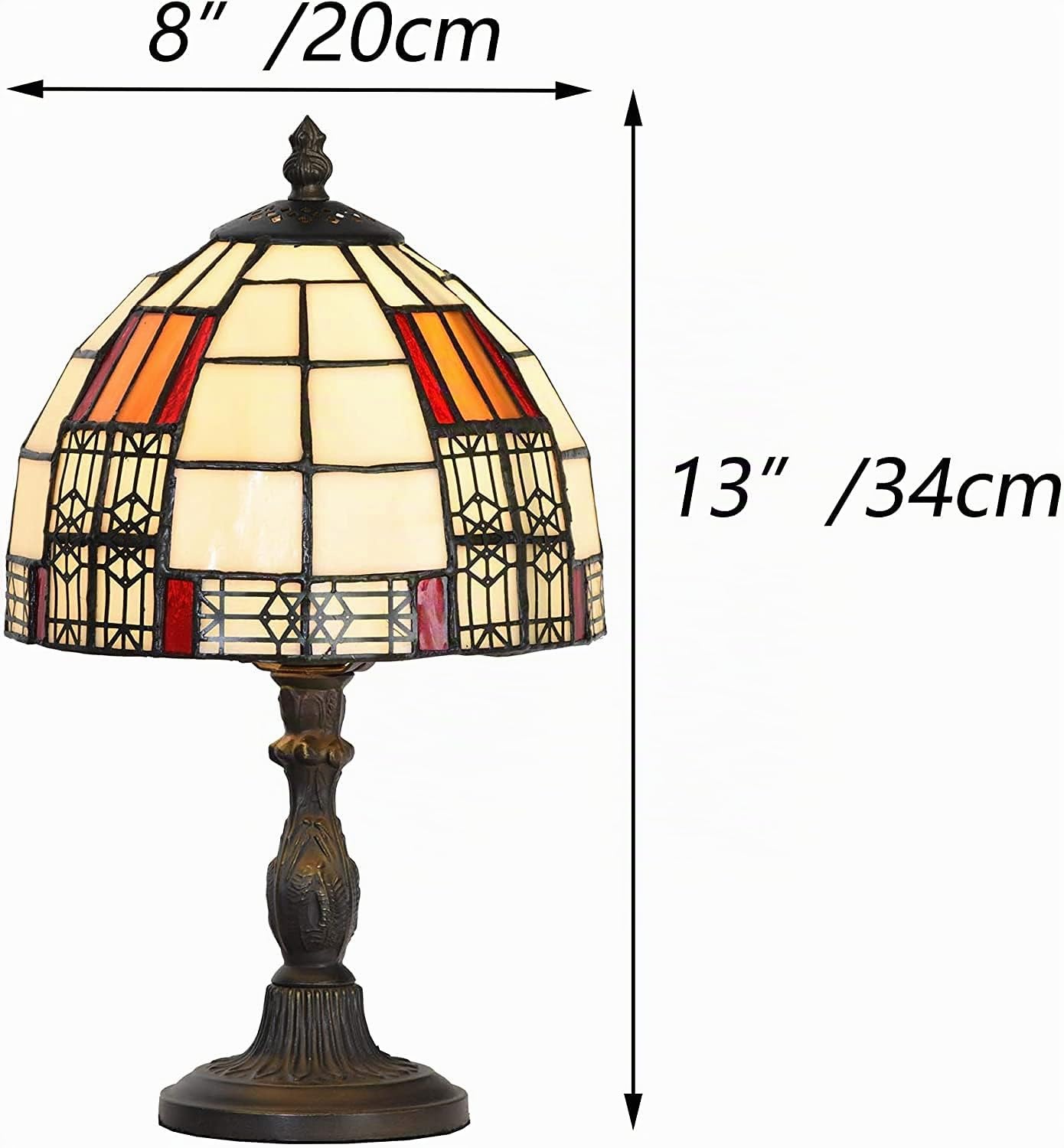 Bieye L30728 Lampe de table en verre coloré style Tiffany, lampe de chevet avec abat-jour 20 cm, hauteur 33 cm, pour chambre à coucher et salon