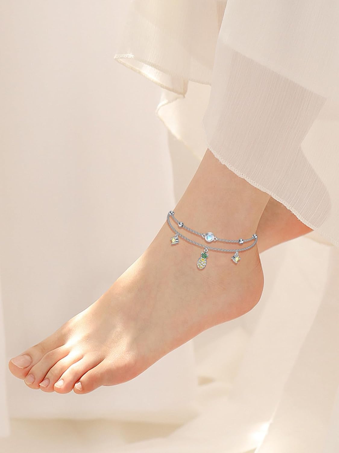 Midari Pineapple Moonstone/Pineapple Birthstone/Celtic/Evil Eye Ankle Bracelets for Women 925 Sterling Sliver Adjustable Anklets Bracelets Jewelry Gifts for Women Friends Sister