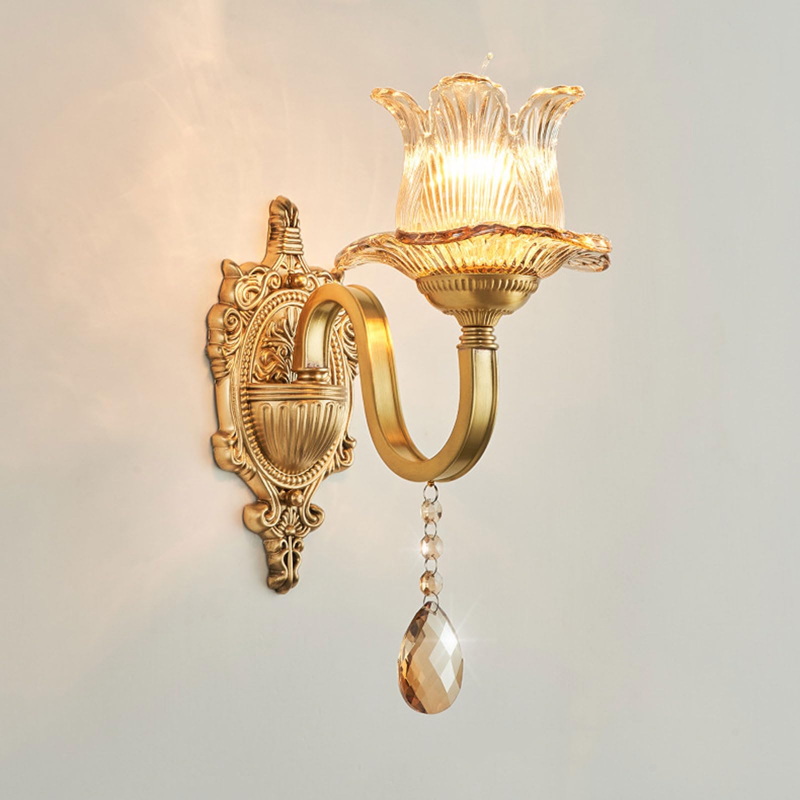 MESOVFCA Medieval Style Flower-Shaped Wall Lamp Glass Shade - Antique Brass Indoor Lantern for Bedroom & Living Room(A)