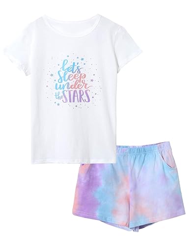 Beezizac Tie Dye Pajamas for Girls - 100% Cotton Glitter Butterfly Cat Summer Short Sleeve PJ Set Tween Clothes Size 4T - 18 - 8 - Sleep Under the Stars