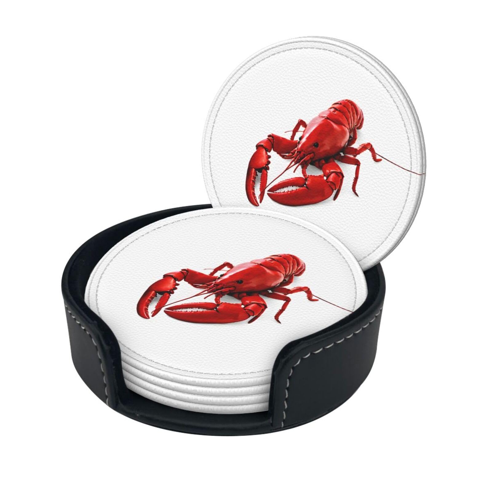 Glutton Shrimps Print Coaster,Round Leather Coasters with Storage Box for Wine Mugs,Cold Drinks and Cups Tabletop Protection (6 Piece)