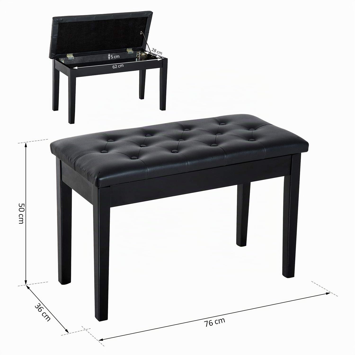Outsunny HOMCOM Sgabello Pianoforte Professionale con Vano Portaoggetti Ecopelle, Legno 76 x 36 x 50cm Nero Sgabello Panchetta Panchina Sedia per Pianoforte con vano portaoggetti