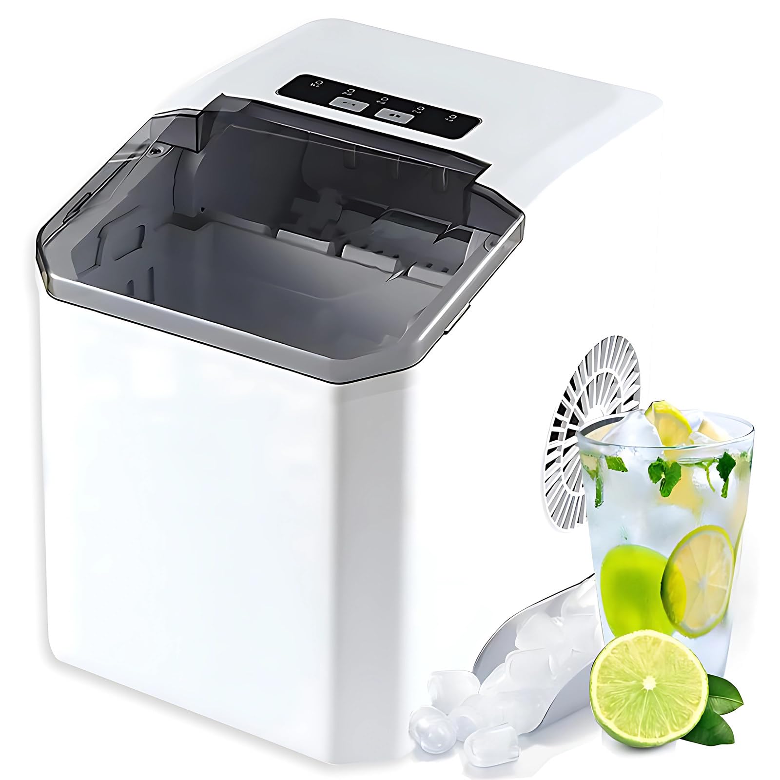 Máquina de hielo portátil, máquina de hielo de sobremesa que crea hielo en forma de bala en 7 minutos, producción de 26 libras/24 h, autolimpiante con pala y cesta para hielo para el hogar, la co