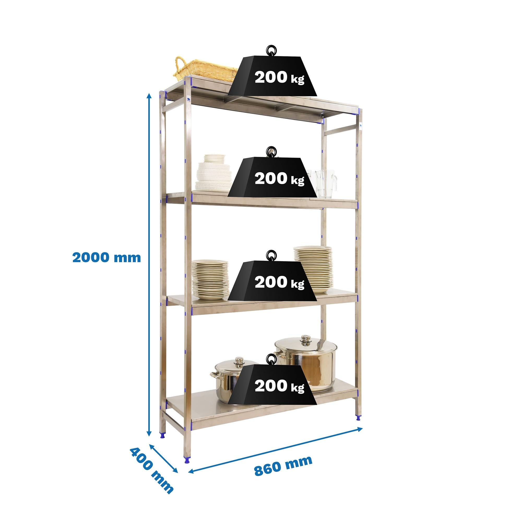 Simon Rack Estanterías Acero Inoxidable, 2000x860x400 mm, 200 kg de Punto Flexión, 4 Estantes, Estantería Industrial, Estantería Cocina Profesional, Acero Inoxidable - Simoninox