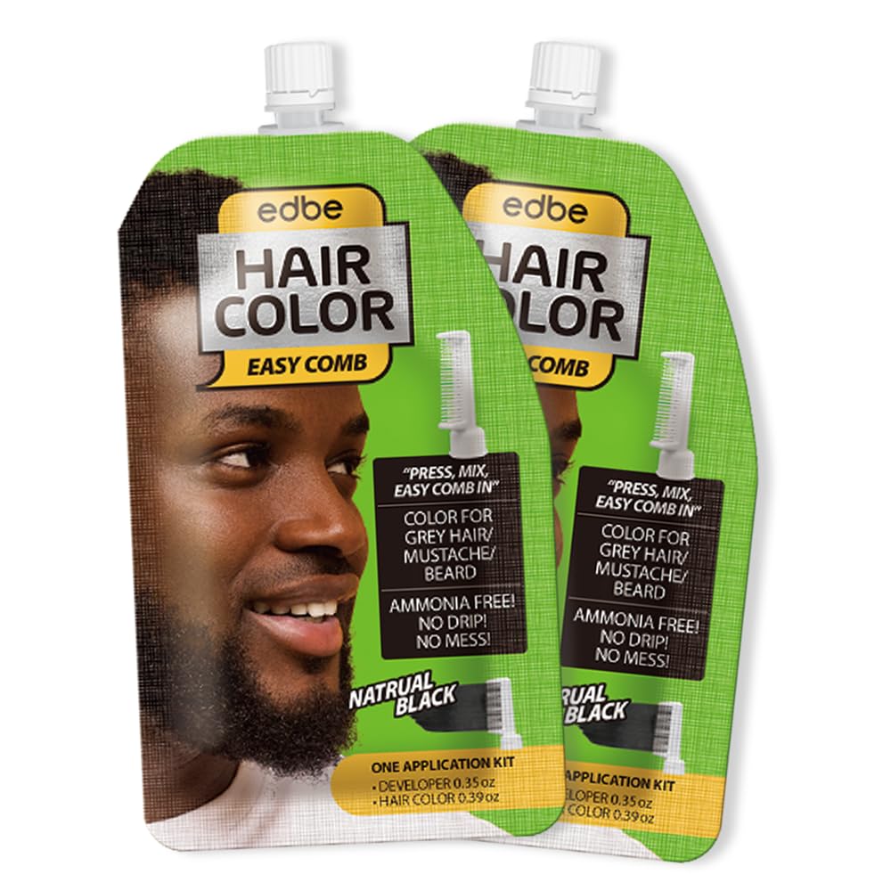 Edbe Hair Color Easy Comb Natural Black (2 Pack) - Grey Hair Mustache and Beard Coloring for Men with One Application Kit