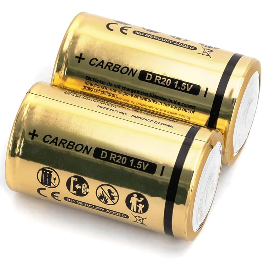 Pila de Carbono-Zinc R20 D 1.5V, 2 Unidades, Ideal para Dispositivos de Baja energía como linternas y Controles remotos.