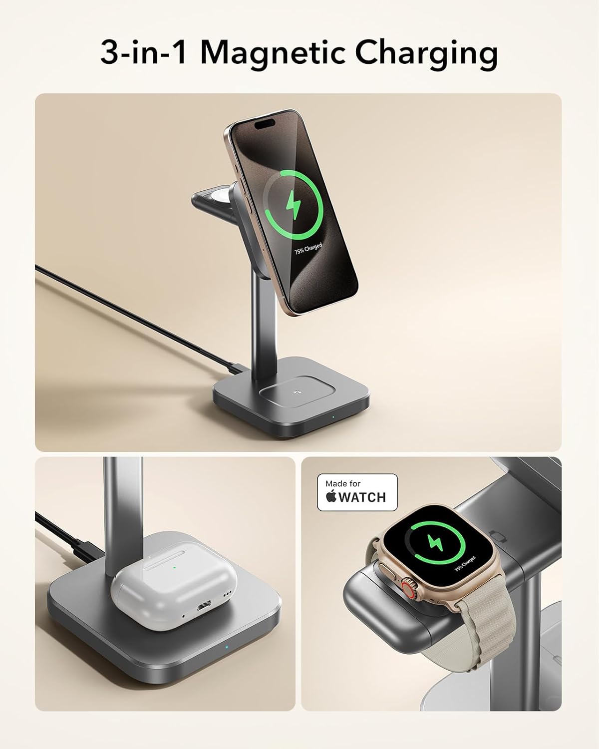 ESR Qi2 3 in 1 Wireless Charging Station, [Certified] Apple Watch Charger & 15W Qi2 MagSafe Charger Stand for iPhone, Wireless Charger for Multiple Devices iPhone 15/14/13&Watch&AirPods,Grey