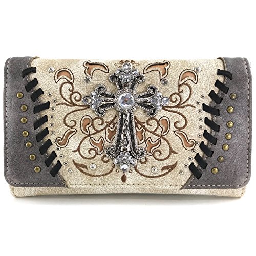 Justin West Cross Floral Embroidered Studded CCW Concealed Carry Shoulder Purse Handbag Wallet