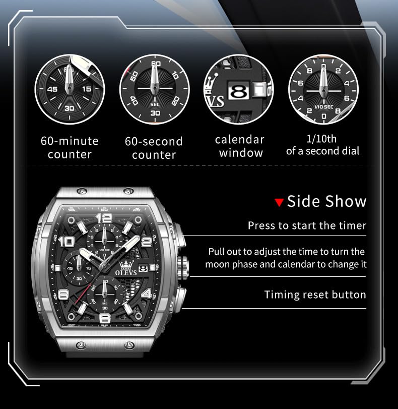 OLEVS Watch Men Chronograph Square Watches for Men Big Face Luxury Original Dress Waterproof Casual Nice Wrist Male Watch for Man Analog Classic Business Silicon Strap Mens Watches Relojes Para Hombre