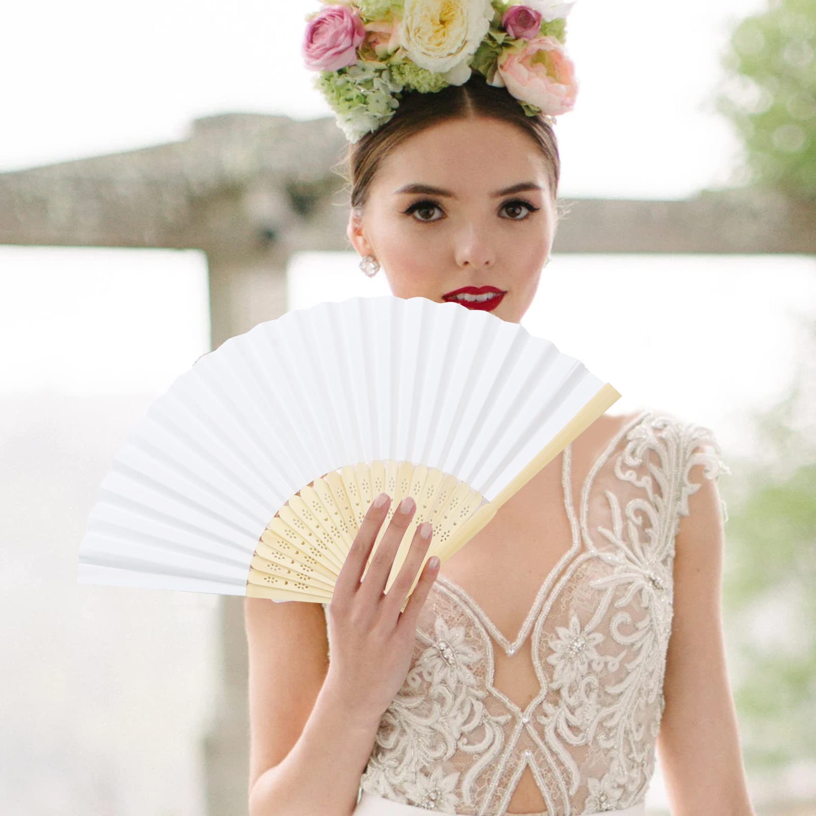 ZOCONE 16 Piezas Blanco Abanicos Boda para Invitados con Bolso de Organza Abanico Blanco Madera Plegable Abanico de Mano Novia Detalle para Bodas Invitadas
