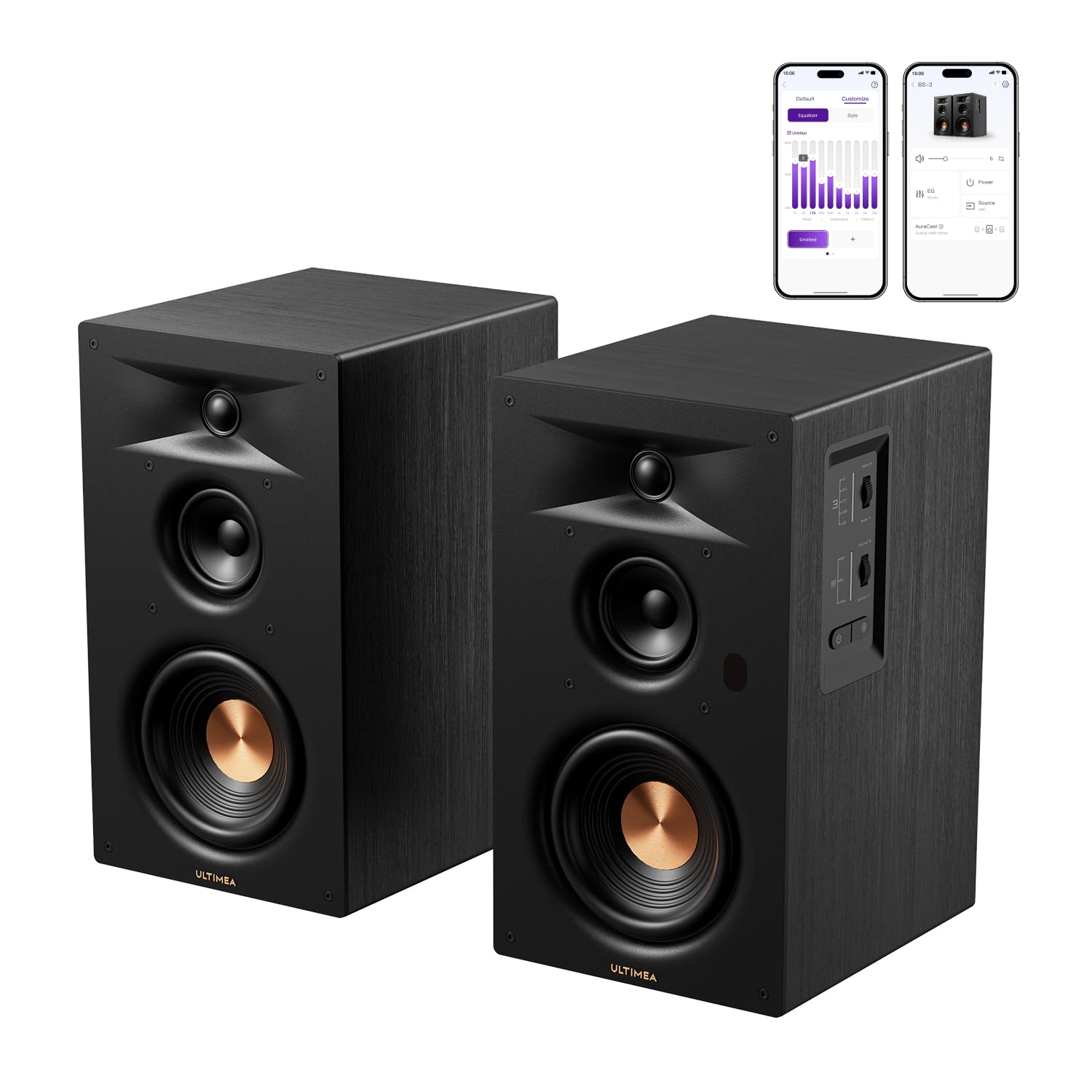 ULTIMEA Diffusori da scaffale attivi a 3 vie, 70W RMS, woofer 5,25", app, Bluetooth 6.0, HDMI ARC, uscita subwoofer per home cinema, TV, PC e giradischi, monitor studio, BS-3