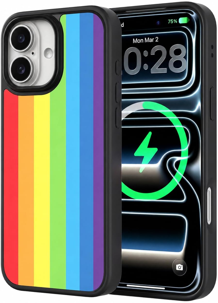Magnetic Stripes Case for iPhone 17, Cute Aesthetic Striped Case for LGBT Pride Flag, Compatible with MagSafe Slim Hard Shockproof Phone Case, Rainbow