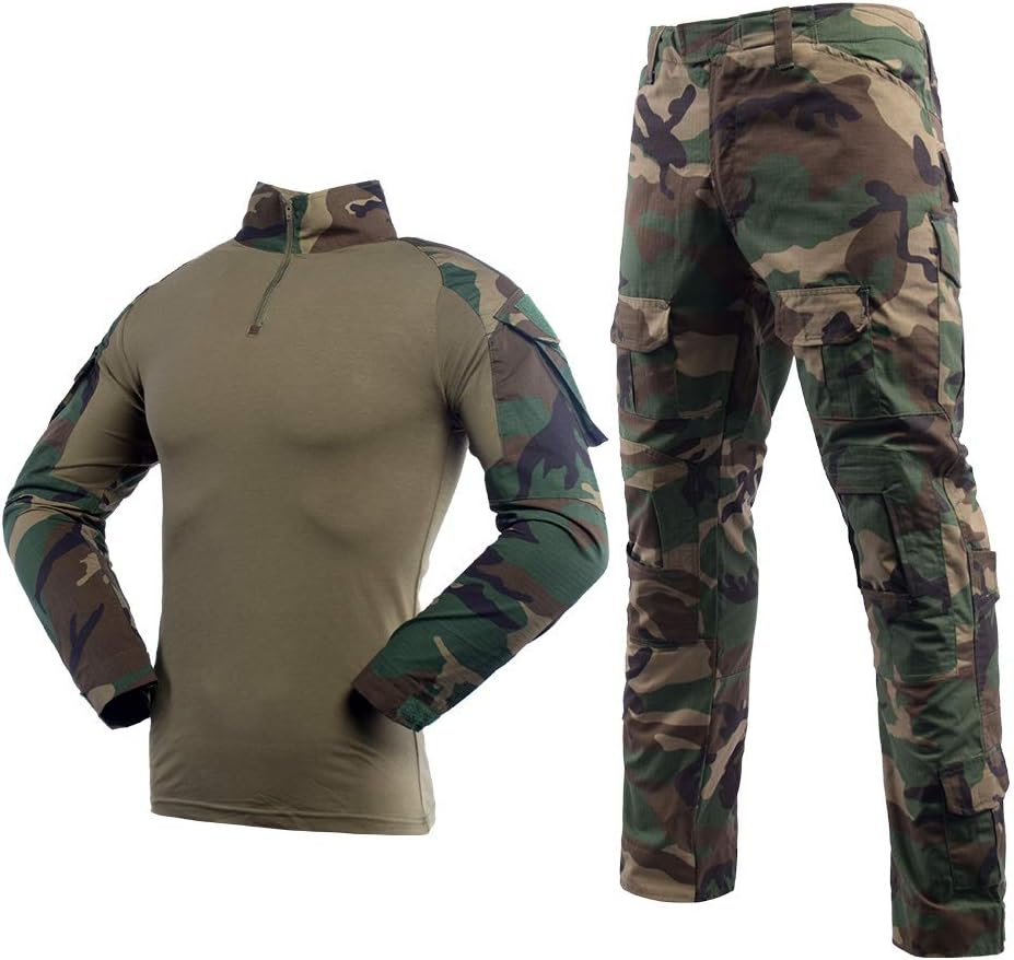 LANBAOSI Men's Tactical Combat Shirt and Pants Set Long Sleeve Multicam Woodland BDU Hunting Military Uniform 1/4 Zip
