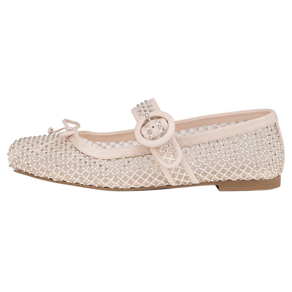 FSJ Women Rhinestones Mesh Ballet Flats, Sparkly Square Toe Crystal Embellished Bowtie Mary Jane with Buckled Strap, Comfy Studded Ballerina Shoes