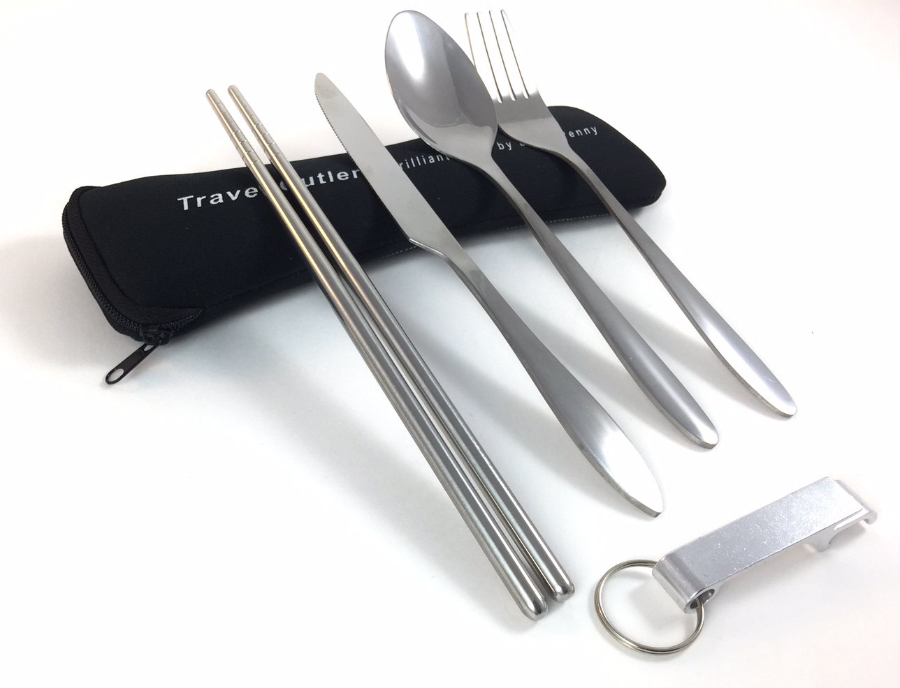 5 Piece Travel Cutlery Set Includes: Knife, Fork, Spoon, Chopstick Set & Bottle Opener (Black)
