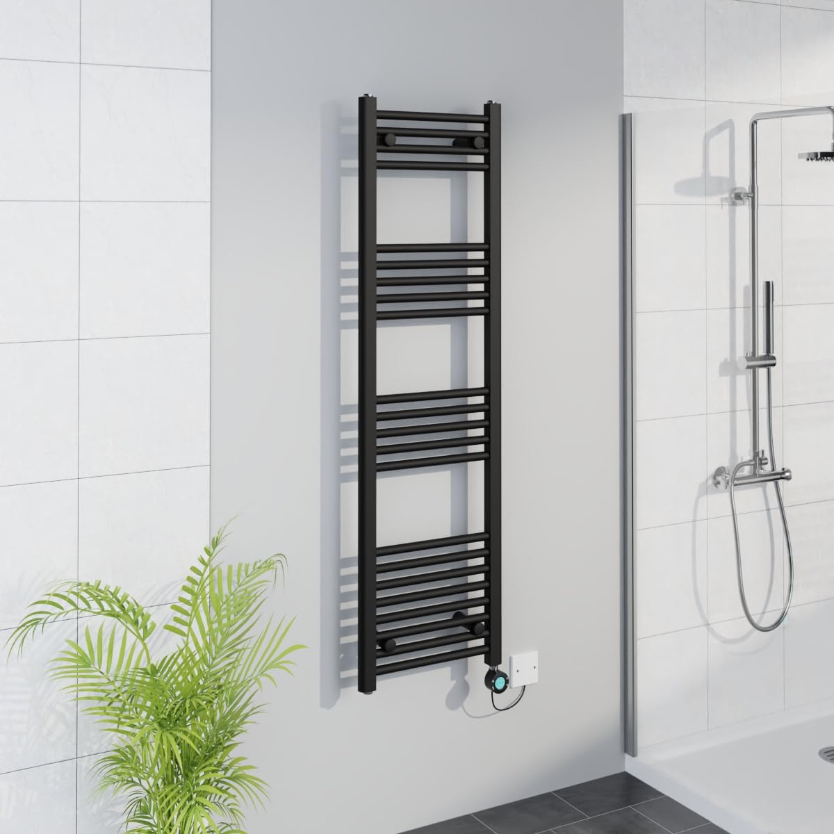 Warmehaus Black Smart Wifi Thermostatic Electric Bathroom Straight Heated Towel Rail Warmer Radiator With Timer 1400X400mm