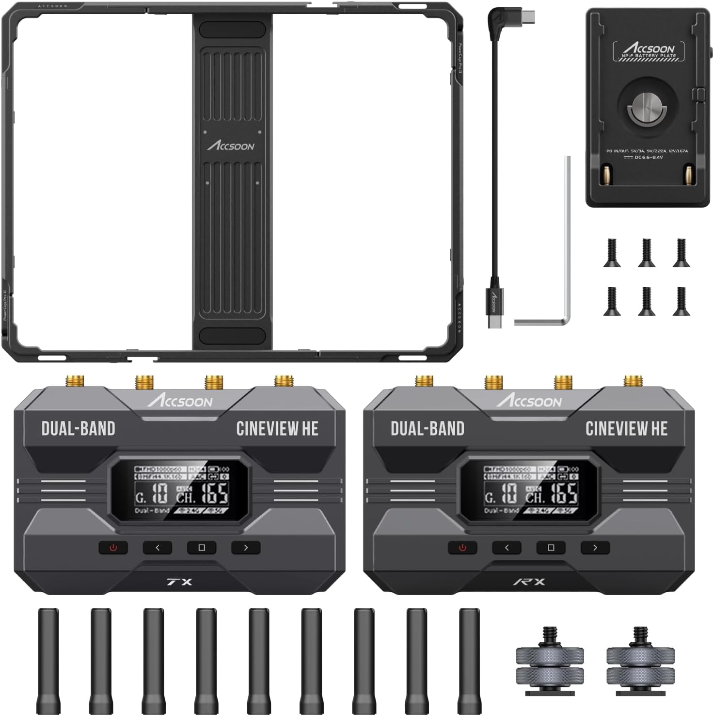 Accsoon CineView HE Wireless Video Transmission System with PowerCage Pro Ⅱ Cage for iPad Pro 3rd Gen2018, 4th Gen 2020, 5th Gen 2021, 6th Gen 2022, 2024, Air 6/7 with NP-F Battery Plate Adapter