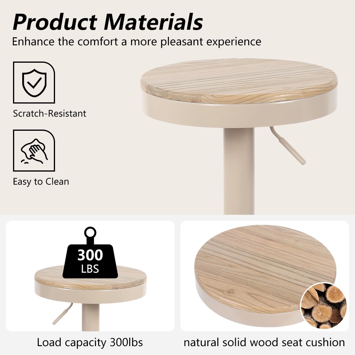 YOUNIKE Taburete de Bar Juego de 2 Taburetes de Bar de Madera Silla de Bar Alta Estructura Metálica Giratoria 360° con Reposapiés Industrial Caqui