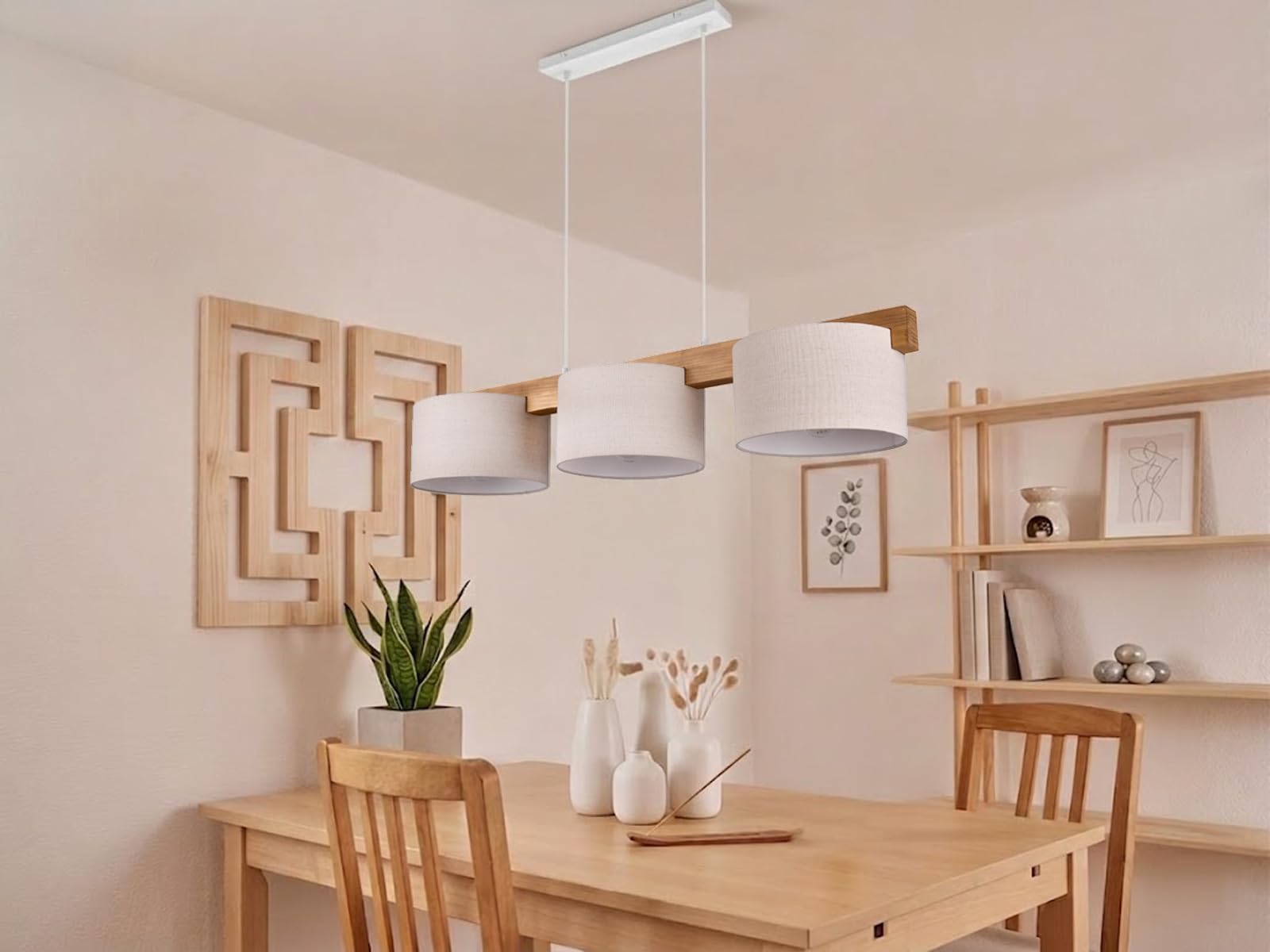 meineWunschleuchte Pendelleuchte mit Holzbalken & Stoff Beige, Breite 100cm, Esstischlampe Holz 3-flammig E27 skandinavisch