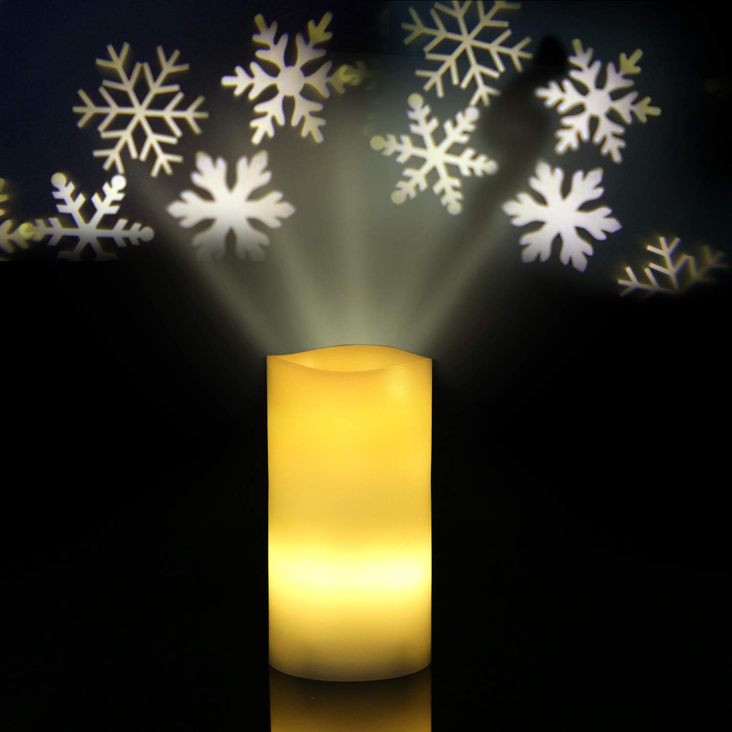 DRomance Flameless Projection Candle Night Light Battery Operated with 10-Key Remote and Timer, Snowflake Shape Crossed Rotate Projection LED Pillar Candle Christmas Holiday Decoration(3.14" x 6")
