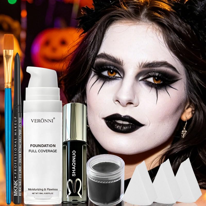 Halloween Black White Special Effects Makeup Kit, Full Coverage White Foundation, Black Face Paint Liquid Lipstick Eyeliner with Brush Sponges for Skull Vampire Gothic Cosplay Stage SFX Makeup Set