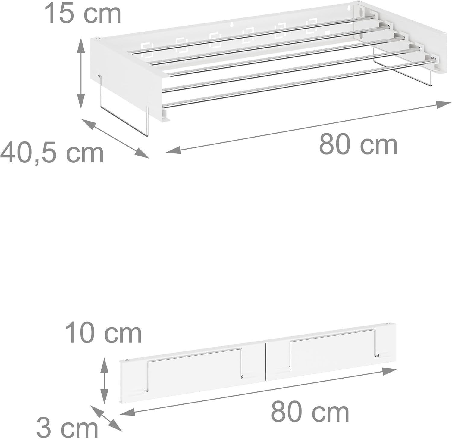 Relaxdays Wall-Mounted Clothes Airer, Folding, 15 x 80 x 40.5 cm, Space-Saving, Laundry Drying Rack, Extendable, White, Steel, Stainless Steel