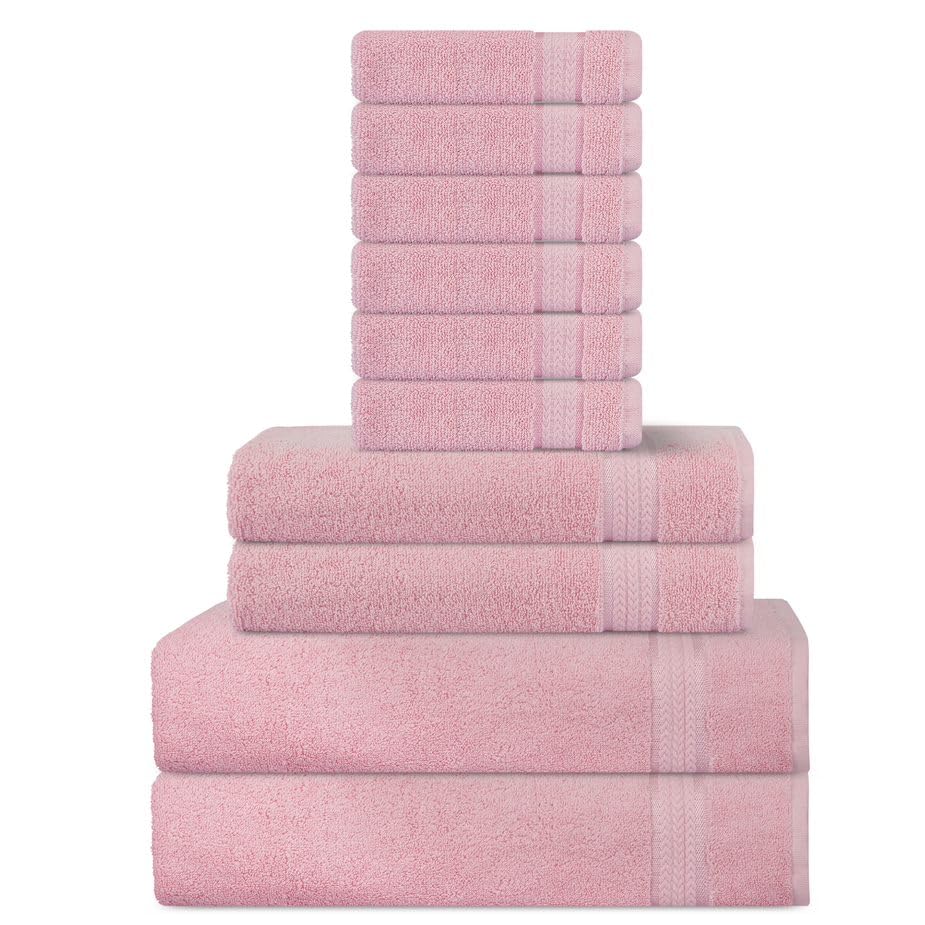 Super Soft 600 GSM Cotton Towels Set by Sweet Needle, Pink, 2 Bath Towel, 2 Hand and 6 Wash/Face, Double Pile
