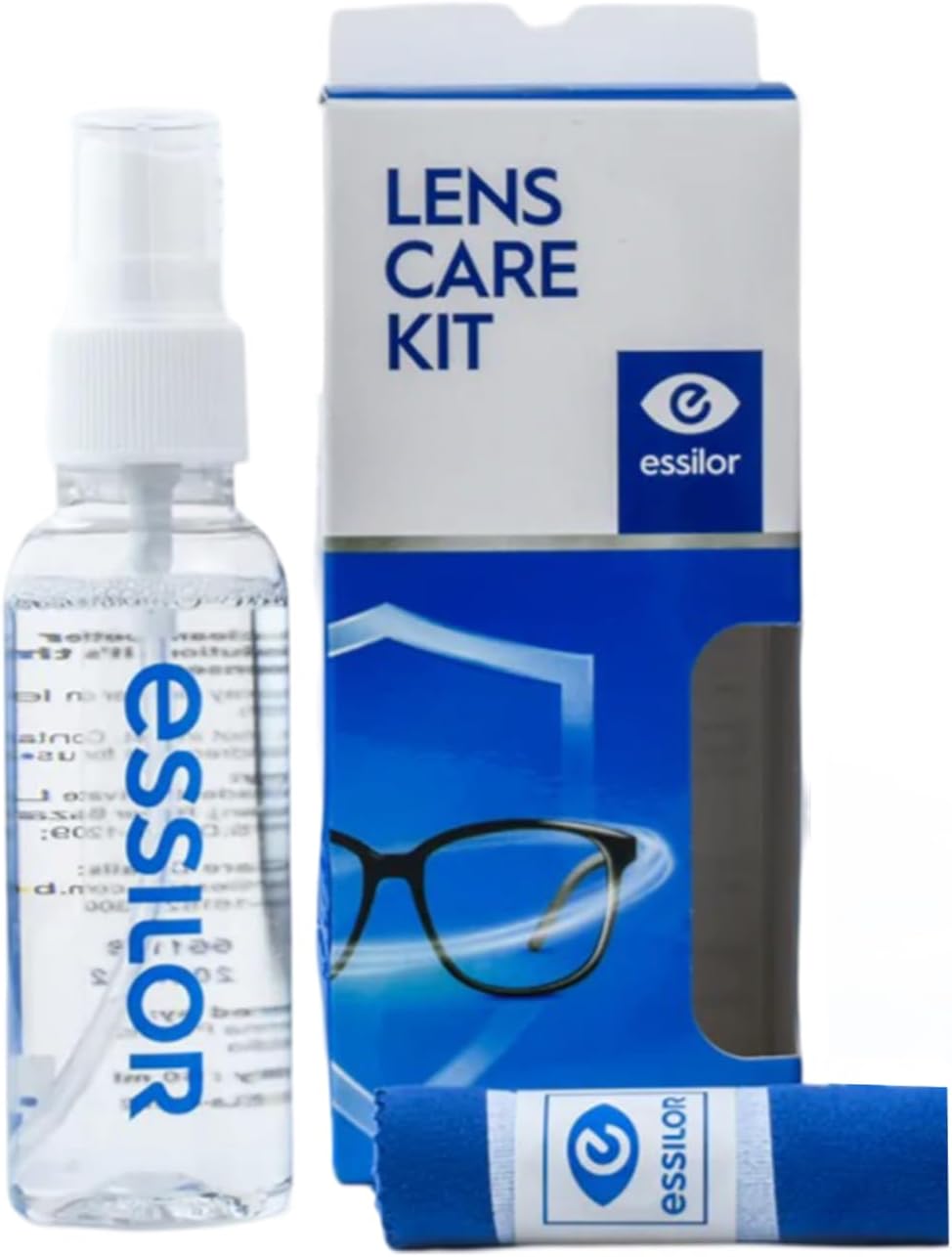 Essilor Lens Care Kit for Eyeglasses: Complete Kit with Microfibre Cloth, Cleaning Solution, and Carrying Case - White, Light-colored