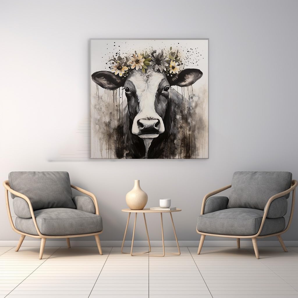 Canvas for Living room. Whimsical Bovine Elegance: A Watercolor Study in Contrast and Serenity, 27 x 18 inch Canvas Wall Art - Contemporary Masterpieces - Modern Home Decor - 69x46 cm (27x18 inch)