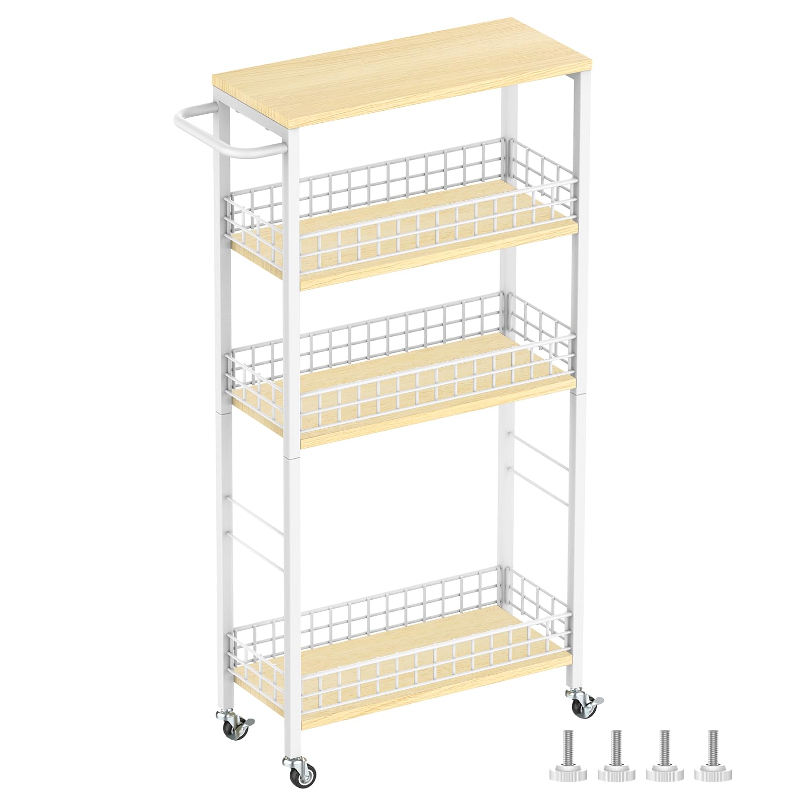 YBING Slim Storage Cart 4-Tier Rolling Kitchen Utility Cart White Narrow Laundry Storage Cart on Wheels and Wood Table Top Mobile Shelving Unit Organizer Trolley for Bathroom Small Space 7.3" W