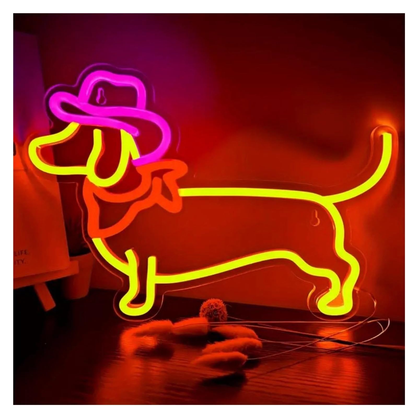 LEMST Sign Lamp Dachshund Neon Sign, Cute Puppy with Cowboy Hat Sign, Suitable for Pet Shop,Family Party Decor 35x25cm