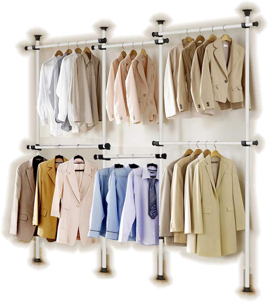Portable Indoor Garment Rack Tools free DIY Coat Hanger Clothes Wardrobe 4 Poles 6 Bars. Heavy Duty Stainless Steel Poles and Bars. 60kg Loading per Horizontal Bar. Free Reach Hook.[3206]