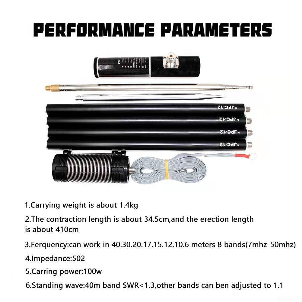 JPC-12 Antena portátil de onda corta 7 MHz-50 MHz 8 bandas 100 W Antena GP para Pac-12, aleación de aluminio negro con bobina de acero inoxidable