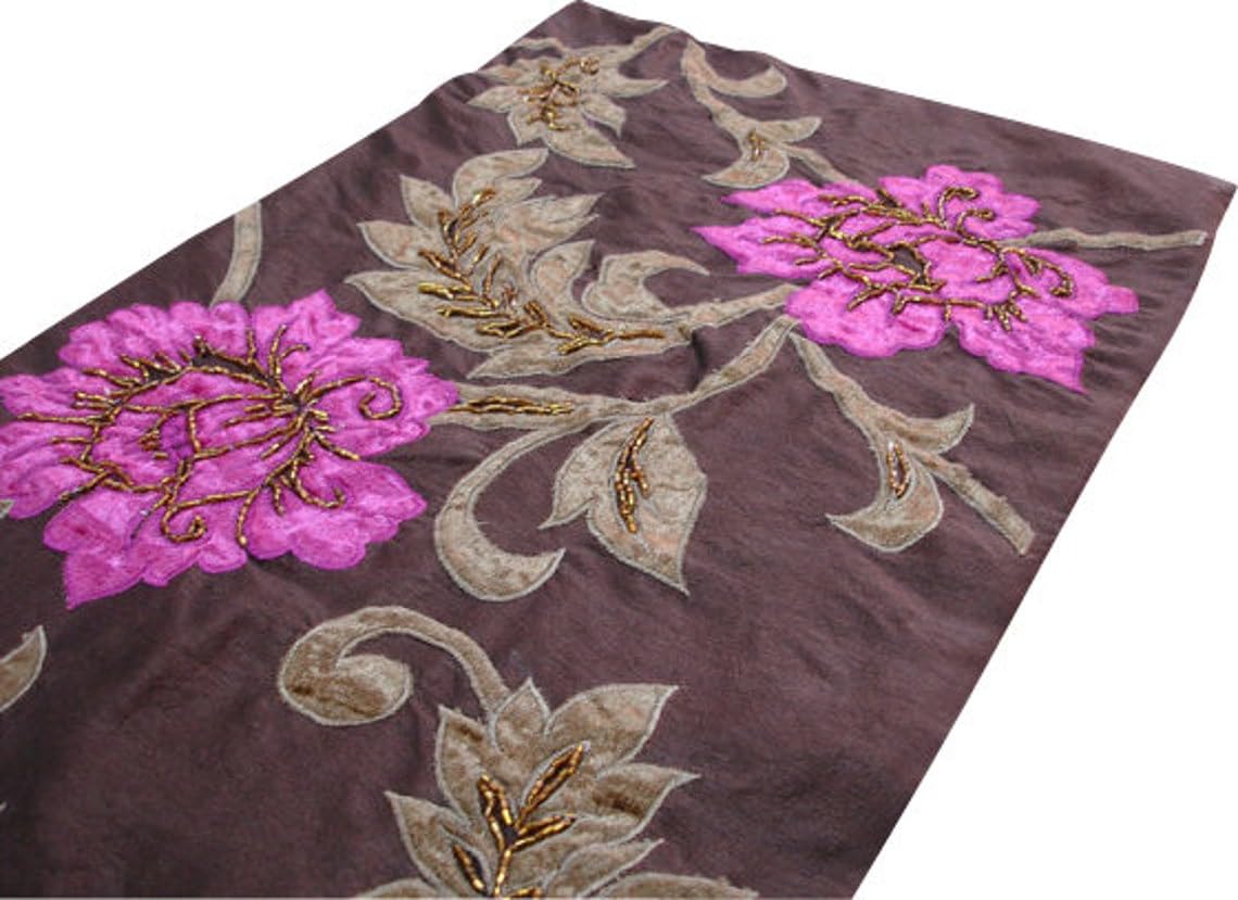 Brown Table Runners 35 x 300 cm, Beaded Table Runner Dark Coffee Luscious Blossoms Applique Velvet Embroidered — image 1