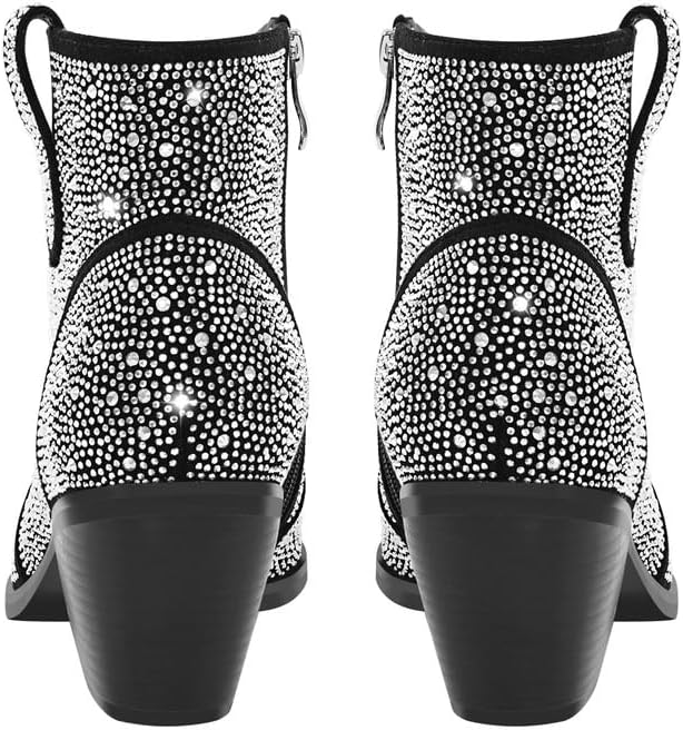 sexytag Women's Rhinestone Western Sparkly Cowboy Chelsea Boots Chunky Low Heel Pointed Toe Pull-On Short Ankle Booties
