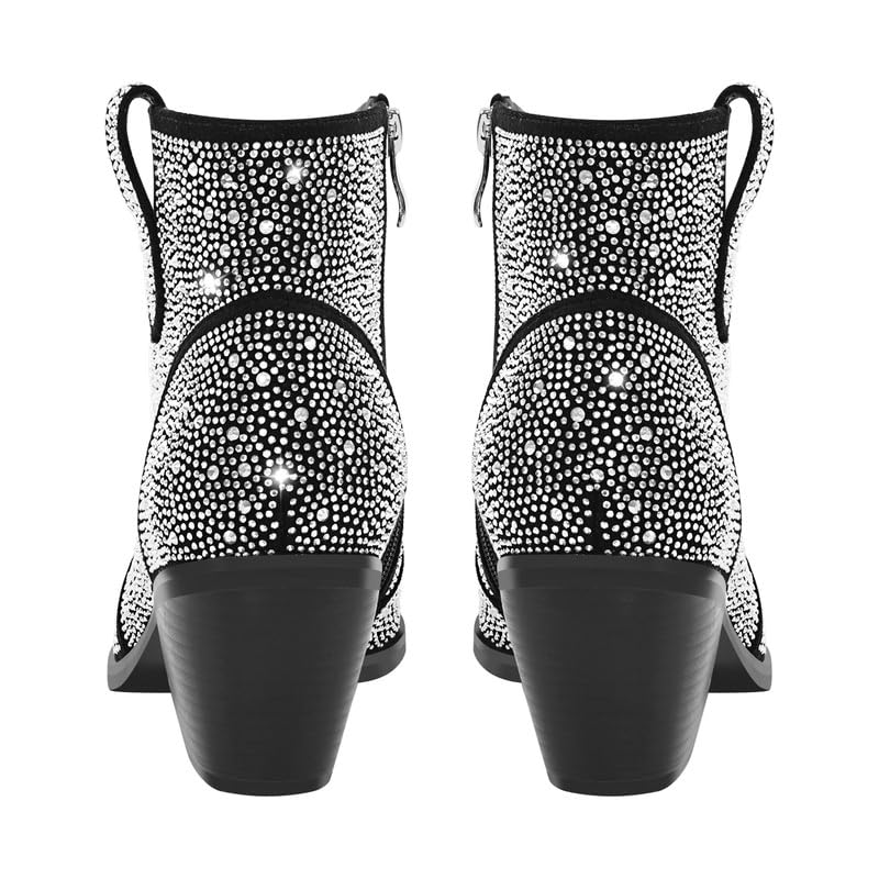 sexytag Women's Rhinestone Western Sparkly Cowboy Chelsea Boots Chunky Low Heel Pointed Toe Pull-On Short Ankle Booties4