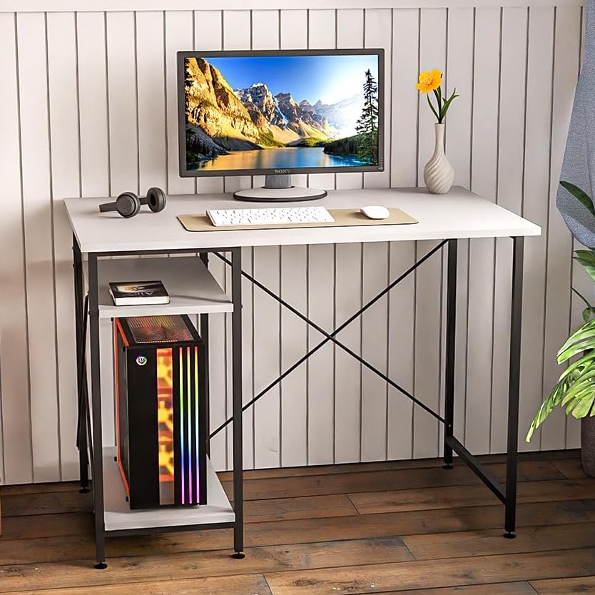 FURLAY Plank Office Desk and Study Table | 1 Year Warranty | Metal and Century Engineered Wood Desk for Adults & Students | DIY (White)