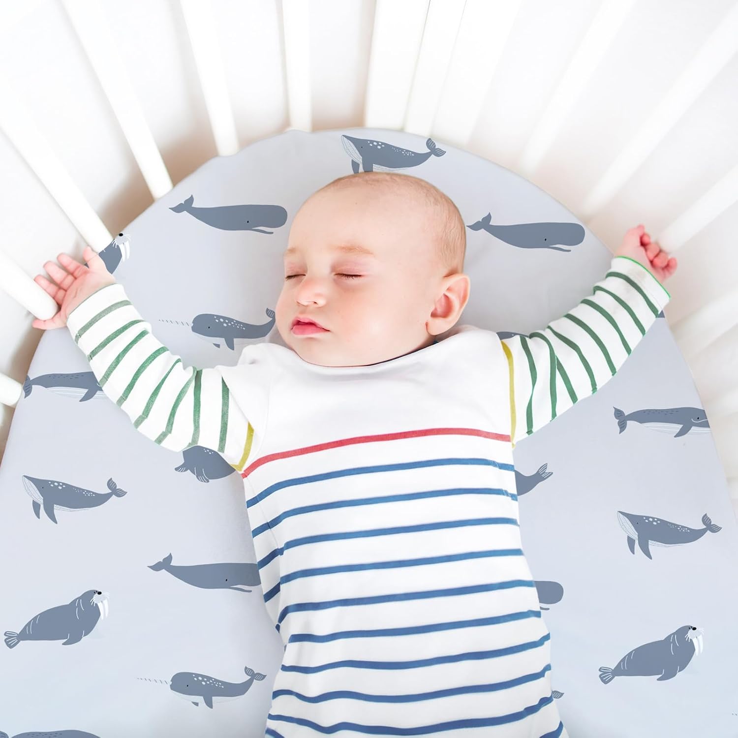 Bassinet Fitted Sheets, 3 Pack Baby Boy and Girl, Soft Breathable Stretchy Baby Pad/Mattress Sheet Set, Universal Fit for Hourglass Oval and Rectangle Bassinet Mattress（Blue Whale Ocean） - Image 8