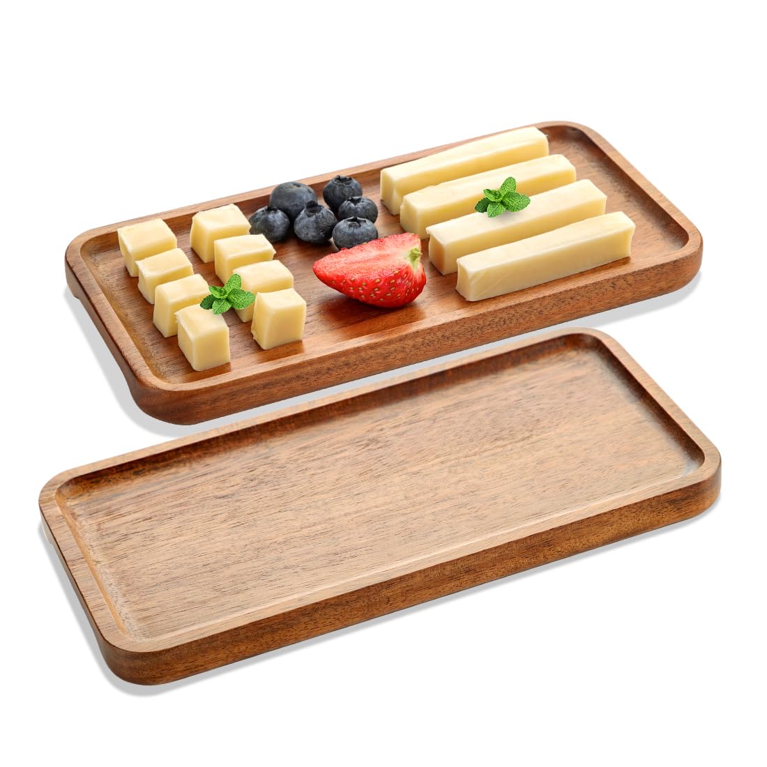 Holztablett Rechteckig Deko 2er Set, Holztablett Klein 20x10 cm, Dekotablett aus Akazienholz, Tablett Set Serviertablett Holz, dekorative Servierplatte für Snacks, Käse, Wurst